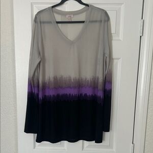 LOGO by Lori Goldstein V-Neck Long Sleeve Top - Gray, Purple, and Black